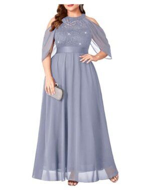 Plus Size Halter Chiffon Maxi Dress Lace Sequin Formal Evening Gown